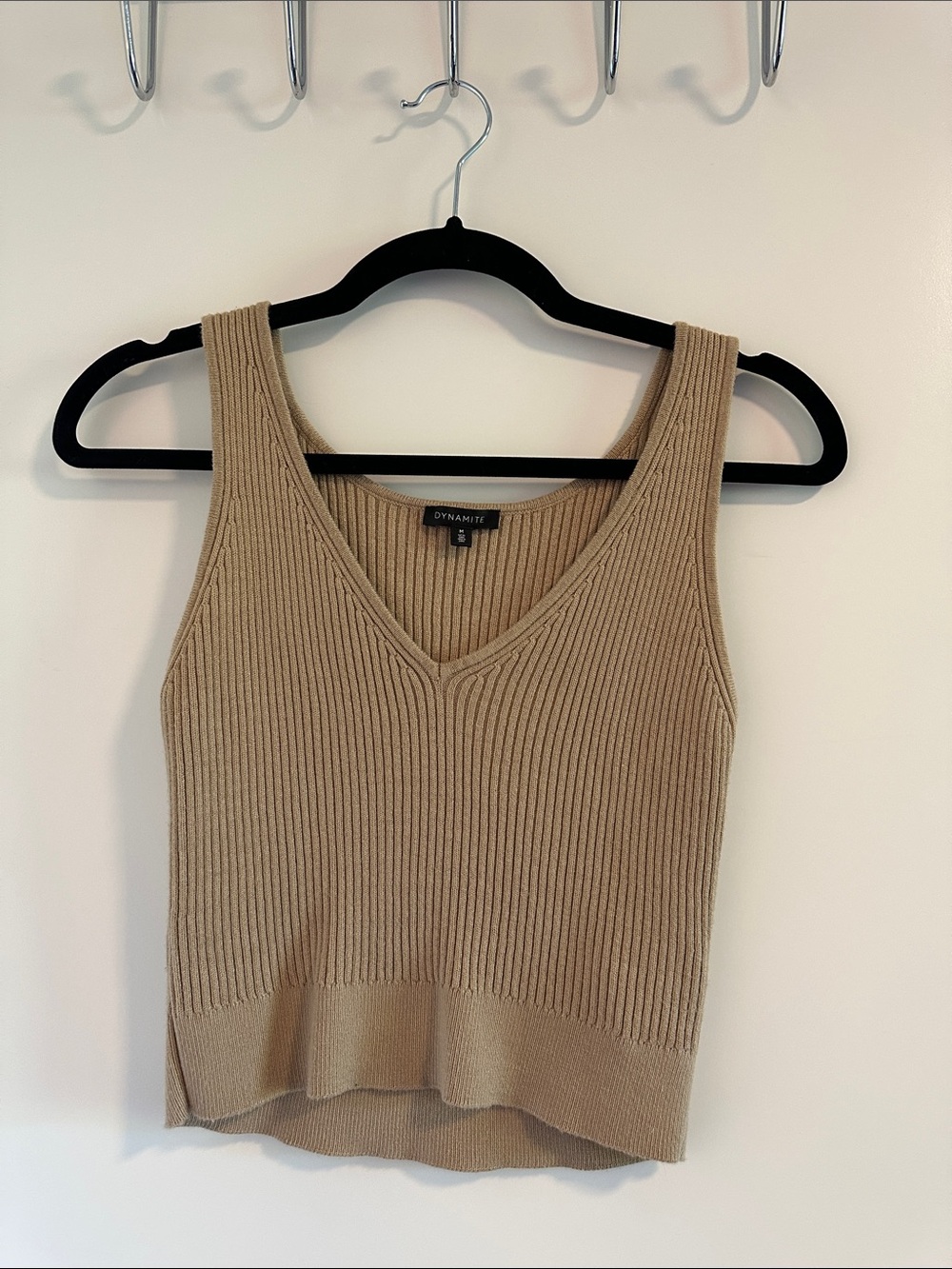 Dynamite Ribbed V-Neck Knit Tank in Beige